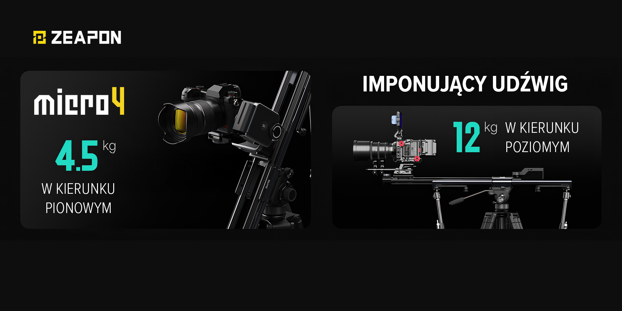 Slider Zeapon Micro 4 E1000 z modułem napędowym i głowicą automatyczną Pons PT - Do 12 kg udźwigu